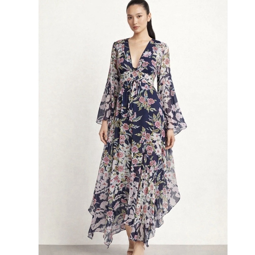BCBGMAXAZRIA Navy Floral Silk Maxi Dress XXS Spring Wedding Guest Graduation
